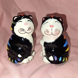 Vintage CKAO Whimsical Cheshire Rainbow Ceramic Cat Salt and Pepper Shakers